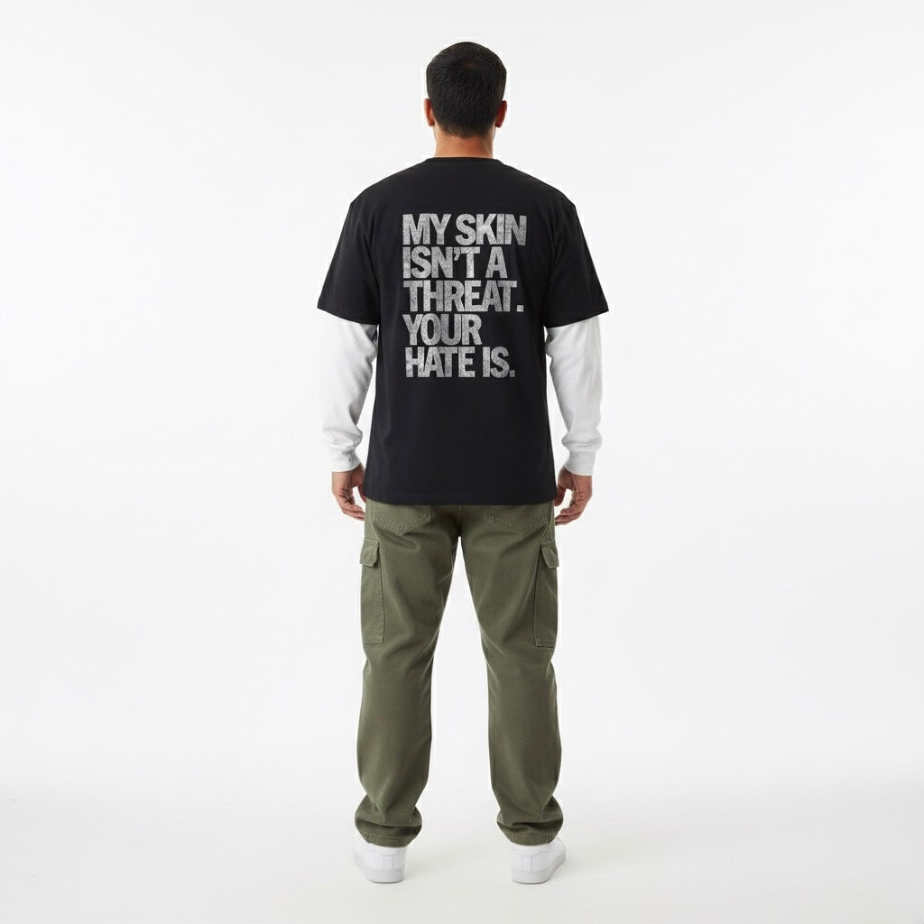 NO HATE Layered Contrast Sleeve Cotton T-Shirt