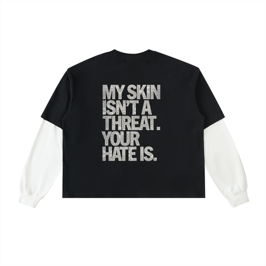 NO HATE Layered Contrast Sleeve Cotton T-Shirt