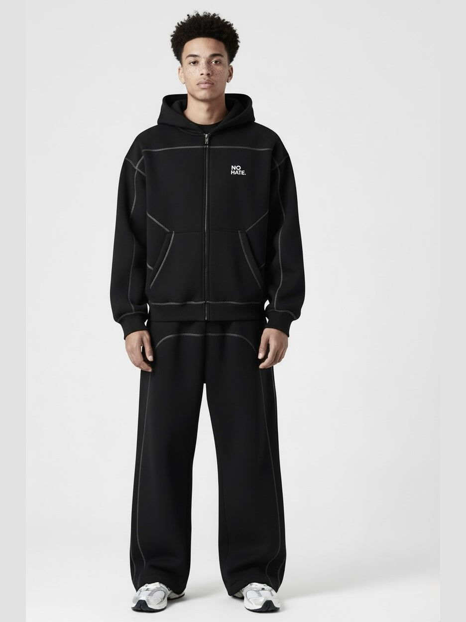 NO HATE Contrast-Stitched Boxy Fleece Hoodie