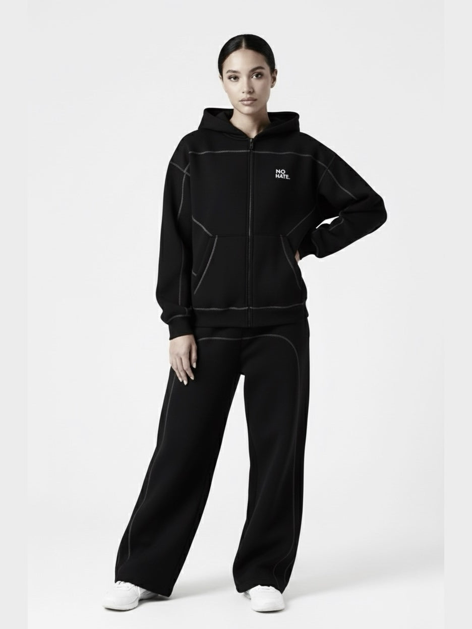 NO HATE Contrast-Stitched Boxy Fleece Hoodie