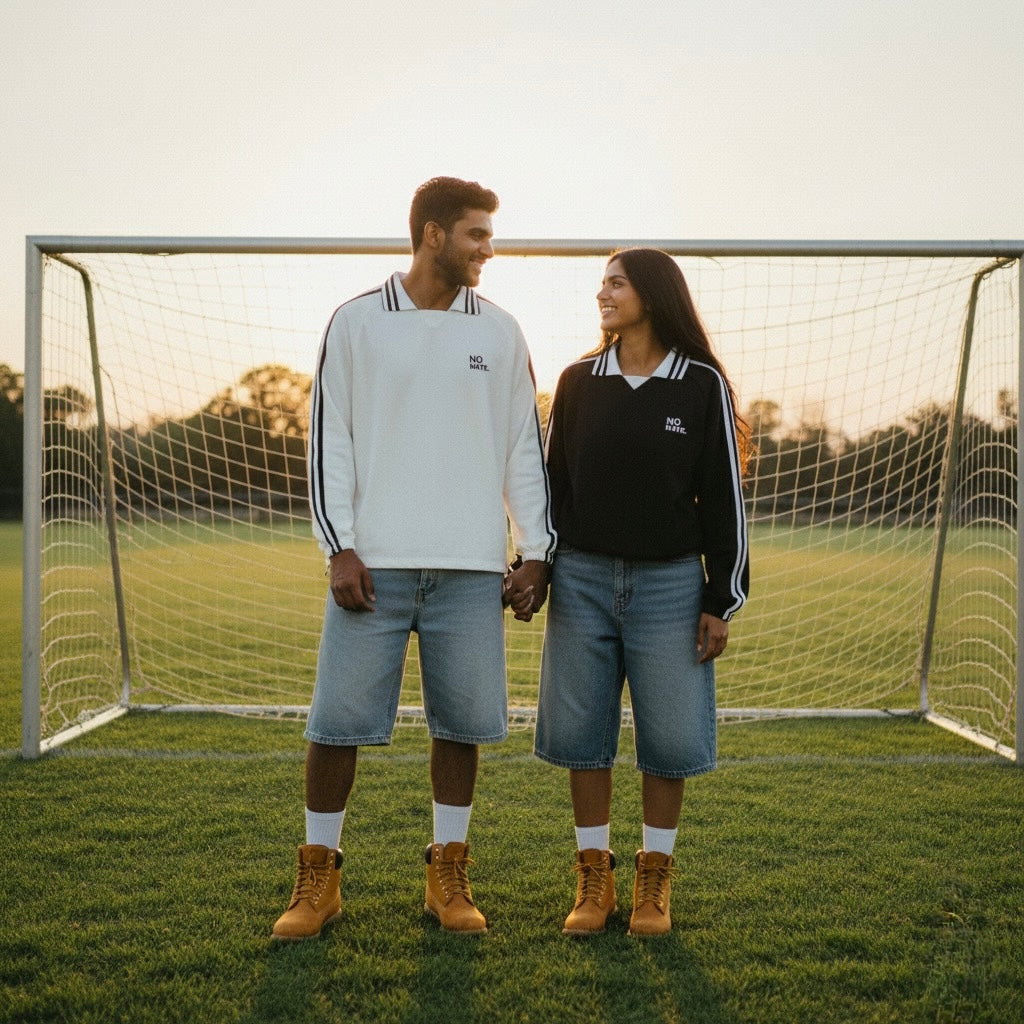 No Hate Contrast Striped Lapel Collar Sweatshirt