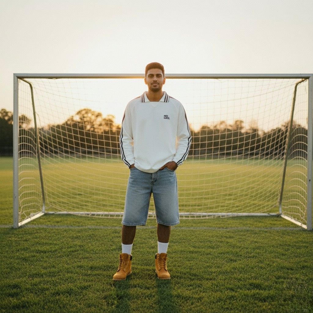 No Hate Contrast Striped Lapel Collar Sweatshirt